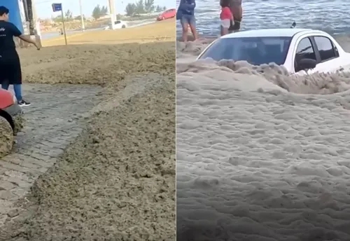 Carros se arriscaram ao passar pela camada de espuma