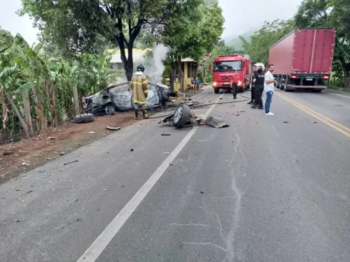 O carro colidiu em uma árvore e pegou fogo