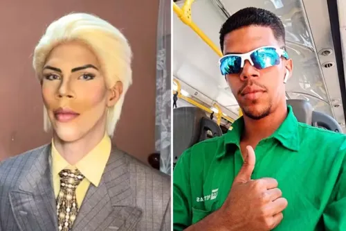 Felipe Máximo como Ken Humano à esquerda. Na direita, seu visual atual