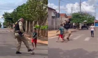 Imagem ilustrativa da imagem Policiais se divertem com crianças em futebol de rua; vídeo