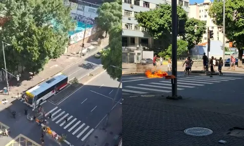 Manifestantes atearam fogo e atravessaram um ônibus na Rua Conde de Bonfim