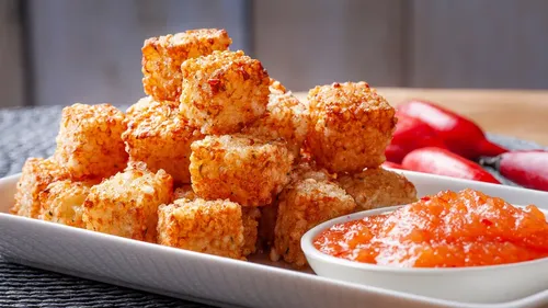 O dadinho de tapioca pode ser servido com uma geleia de pimenta agridoce