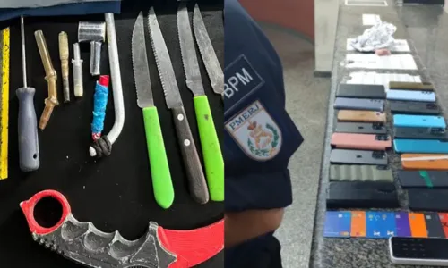 Armas brancas apreendidas e celulares recuperados pela Polícia Militar