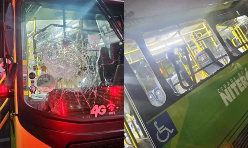 Um dos ônibus foi atingido por pedras na parte frontal; outro foi vandalizado na parte lateral