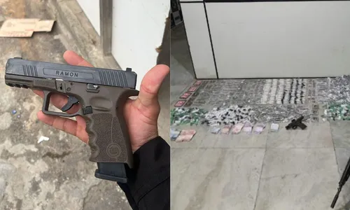 Pistola e drogas apreendidas pela polícia durante a ação