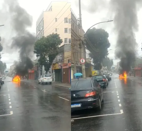 Carro pega fogo e interdita via na Zona Norte; vídeo