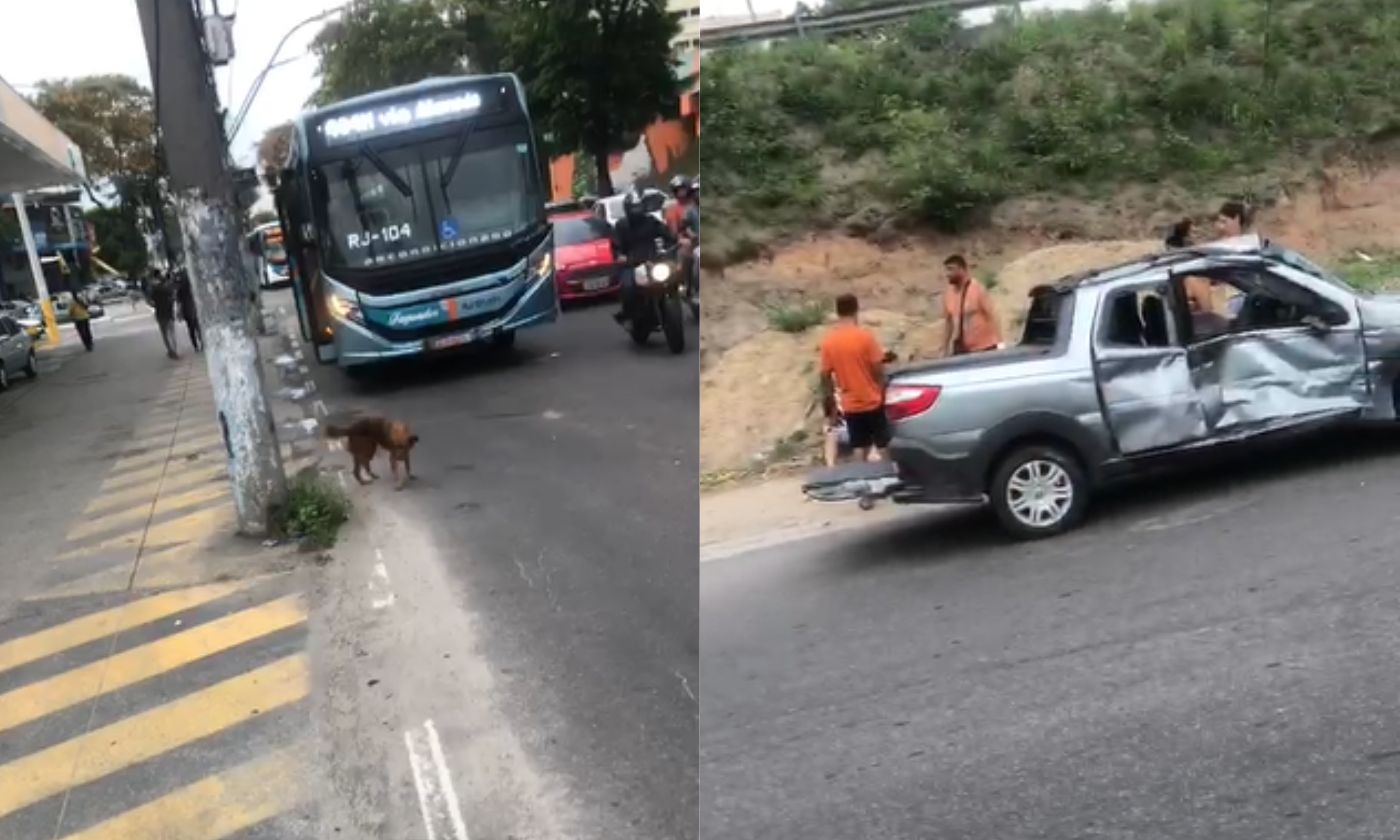 Ônibus e carro batem em rua movimentada de São Gonçalo