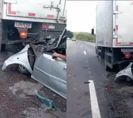 Caminhões esmagam carro e deixa casal ferido na BR-101; vídeo