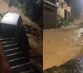 Temporal em Petrópolis arrasta carros e alaga ruas; vídeo