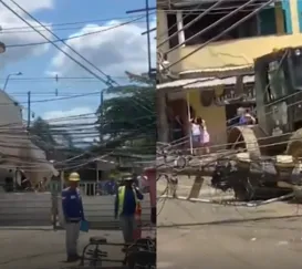 Trator derruba poste e deixa ruas sem luz na Baixada; vídeo