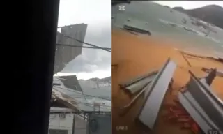 Imagem ilustrativa da imagem Parte de telhado quase atinge grupo em praia no Rio; vídeo