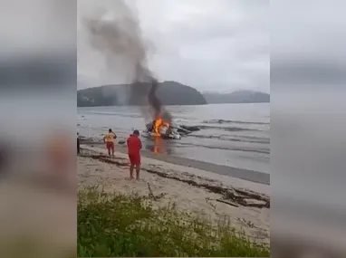 Imagem ilustrativa da imagem Avião sai da pista e explode em praia de São Paulo; veja vídeo