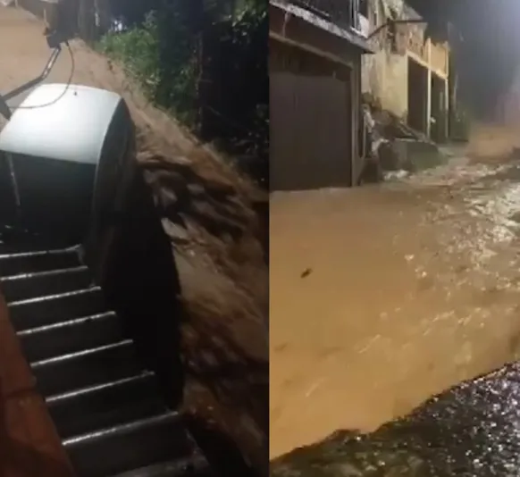 Temporal em Petrópolis arrasta carros e alaga ruas; vídeo