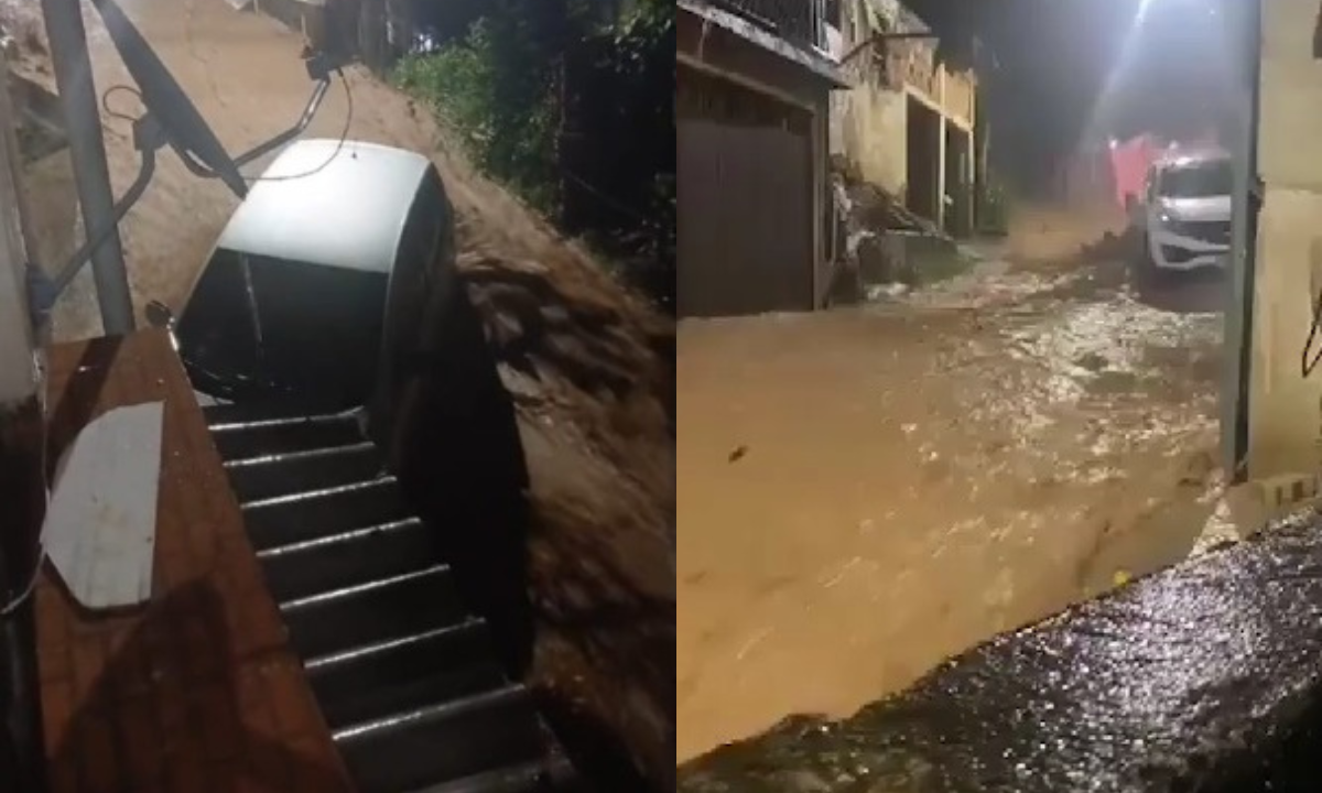 Temporal em Petrópolis arrasta carros e alaga ruas; vídeo