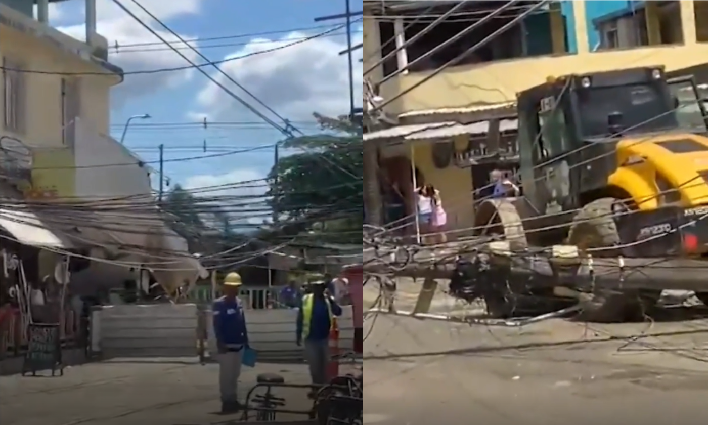 Trator derruba poste e deixa ruas sem luz na Baixada; vídeo