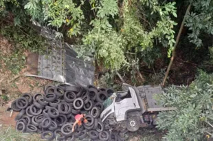 Imagem ilustrativa da imagem Caminhão despenca de ribanceira após engavetamento em Piraí