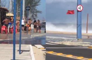 Imagem ilustrativa da imagem Ondas invadem calçadão e ruas na Praia de Itaipuaçu; vídeo