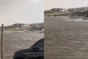Imagem ilustrativa da imagem Vídeo: tsunami meteorológico invade praia e arrasta carros em SC