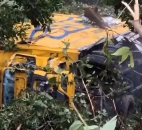 Caminhão dos Correios cai de ribanceira na Serra de Petrópolis; vídeo