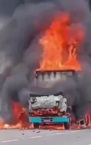 Imagem ilustrativa da imagem Caminhão pega fogo na BR-101 e assusta motoristas; vídeo