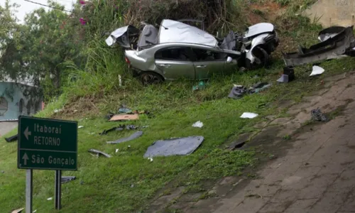 Carro ficou completamente destruído após despencar do viaduto do Gradim