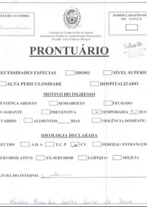 Prontuário divulgado pela Seap