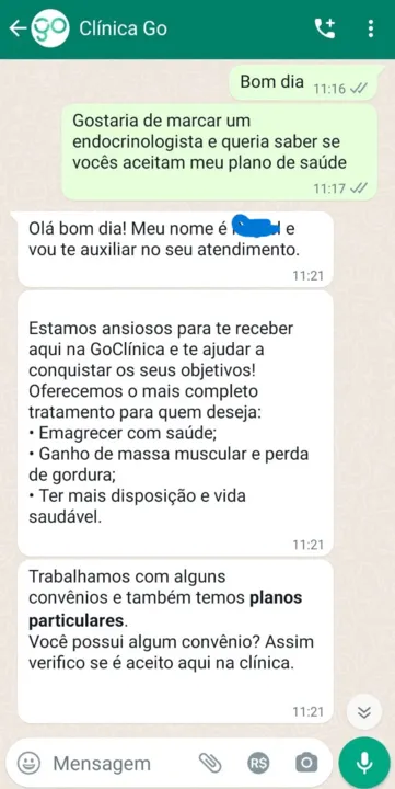 Troca de mensagens mostra o que diz a Go Clinica durante a marcação da consulta