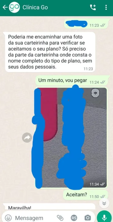 Troca de mensagens mostra o que diz a Go Clinica durante a marcação da consulta