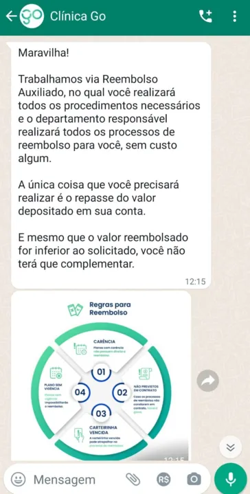 Troca de mensagens mostra o que diz a Go Clinica durante a marcação da consulta