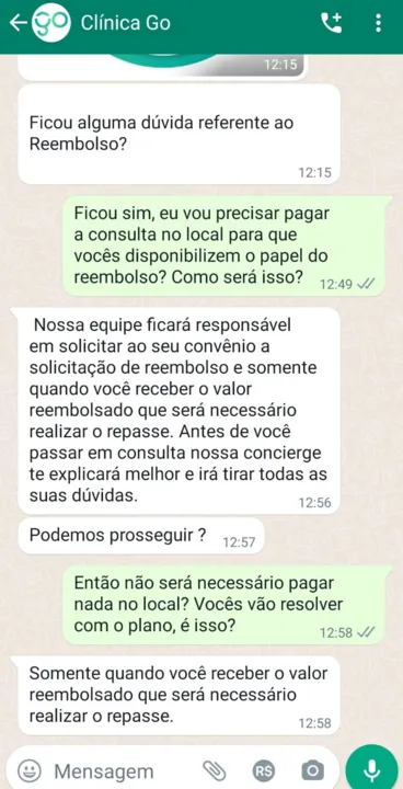 Troca de mensagens mostra o que diz a Go Clinica durante a marcação da consulta