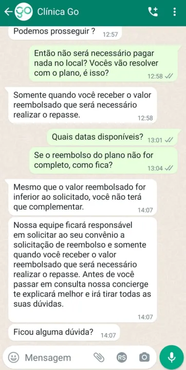 Troca de mensagens mostra o que diz a Go Clinica durante a marcação da consulta