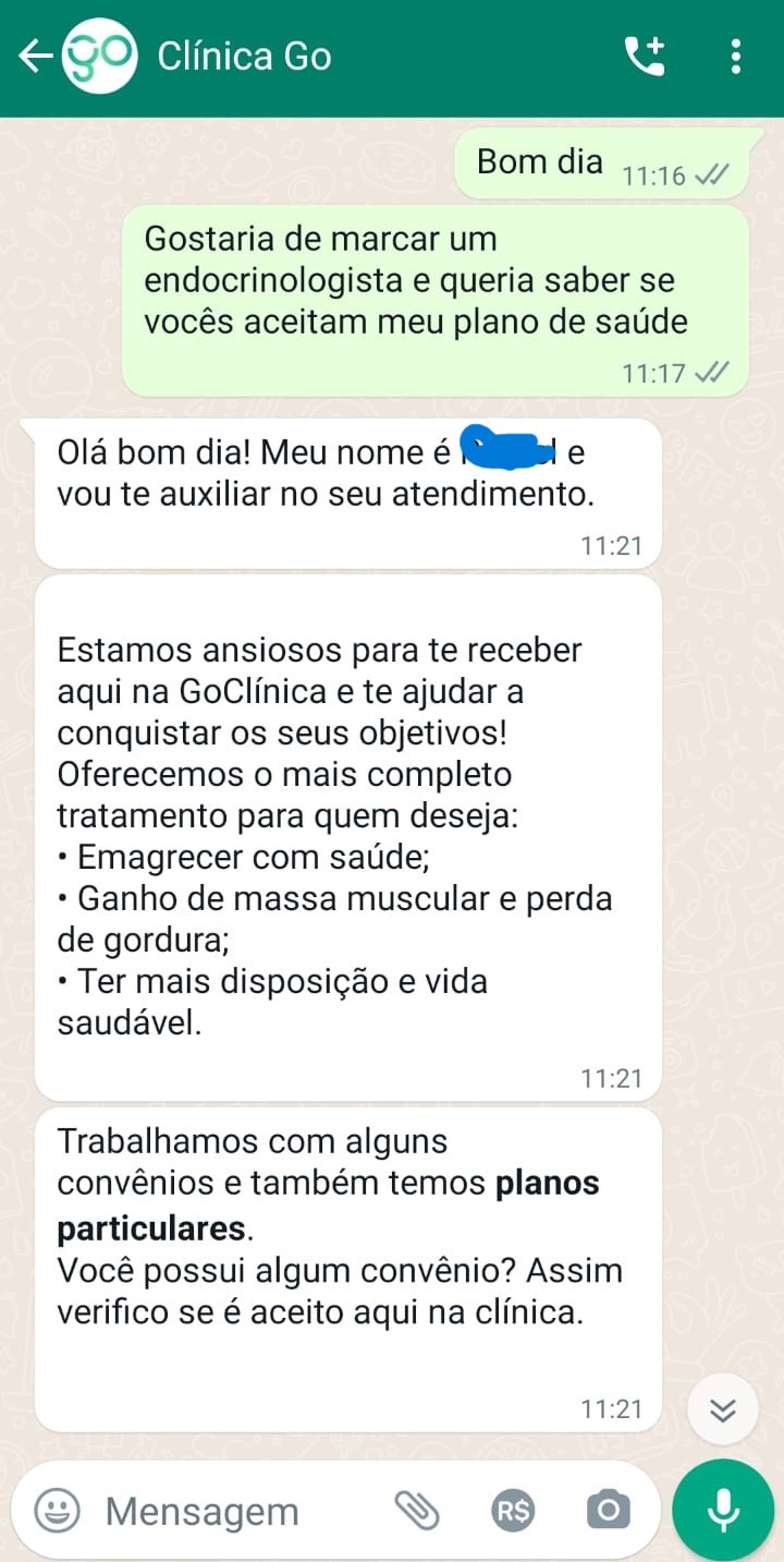 Troca de mensagens mostra o que diz a Go Clinica durante a marcação da consulta