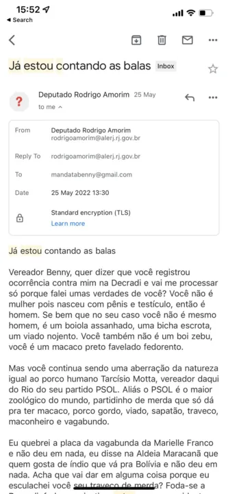 Vereadora de Niterói diz ter sido ameaçada por e-mail de deputado