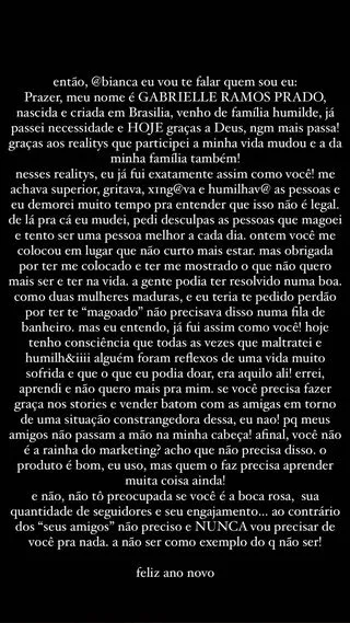 Stories de Gabi Prado explicando a treta