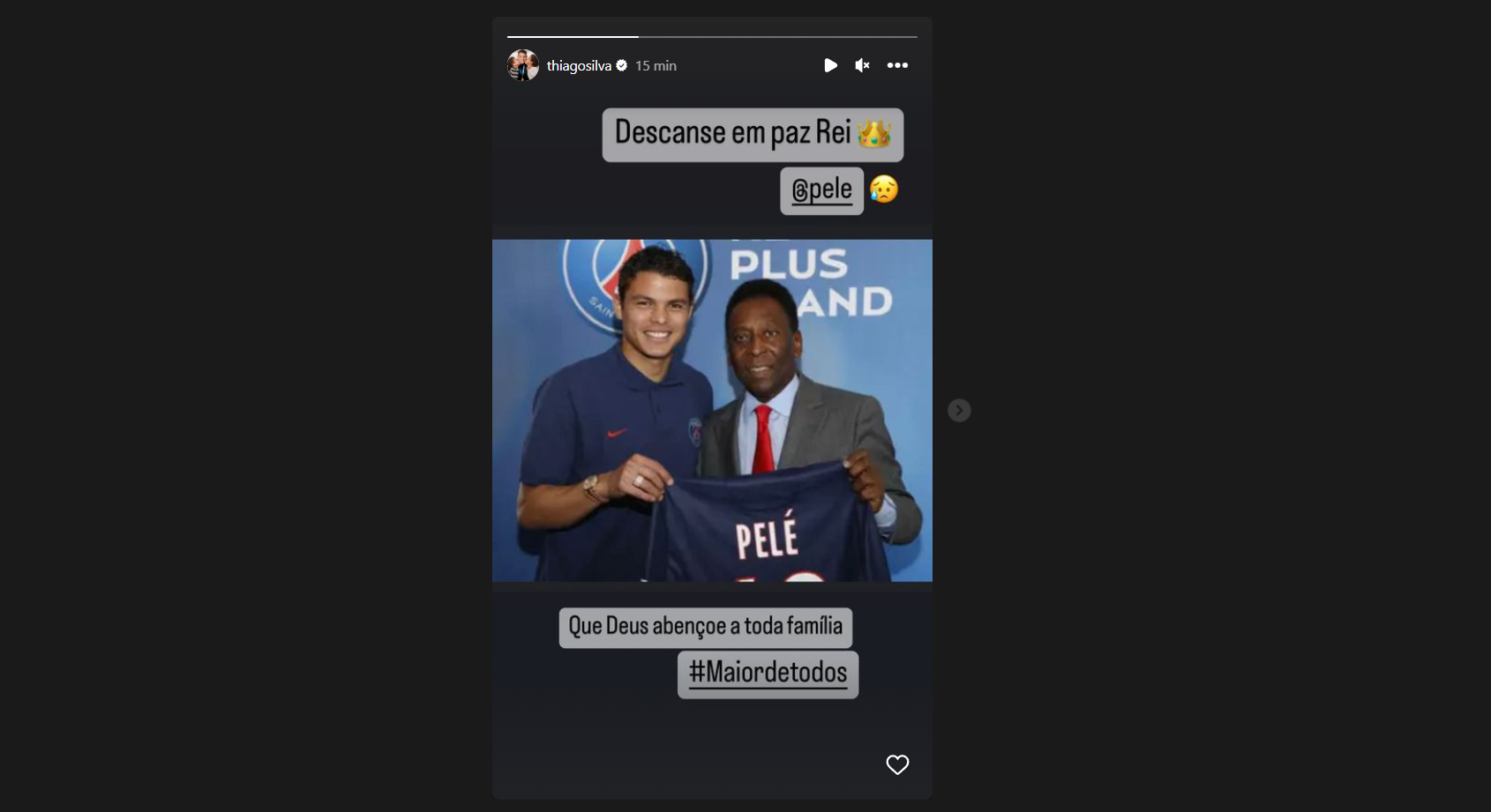 Thiago Silva, capitão da Seleção, publicou uma mensagem em seus stories