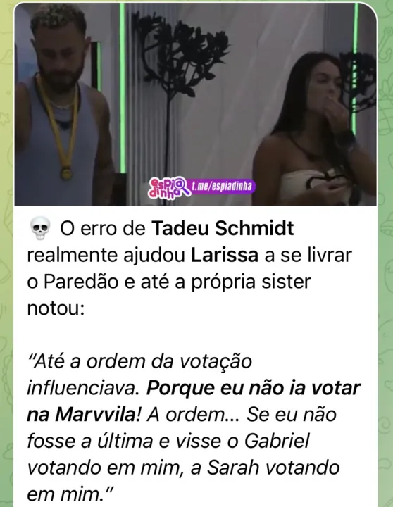 Larissa se deu conta que iria para o 'Paredão' ao ouvir justificativa de Gabriel