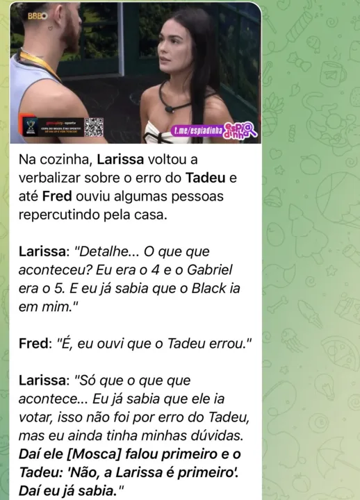 Larissa fez uma jogada de mestre, tendo em vista que seu afeto, Fred Bruno é o 'Líder'