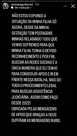 Stories de Renata Gutierrez sobre a ausência de Xamã na vida da filha deles