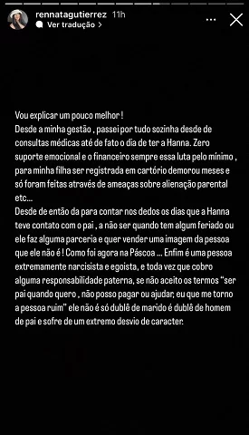 Stories de Renata Gutierrez sobre a ausência de Xamã na vida da filha deles