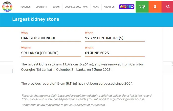 Certificado do Guinness Book Records comprovando que o cálculo renal é o maior do mundo