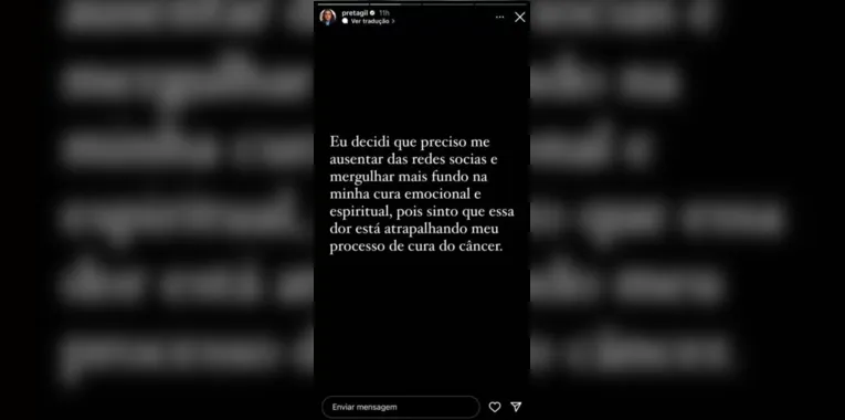 Cantora publicou decisão pelos stories do Instagram