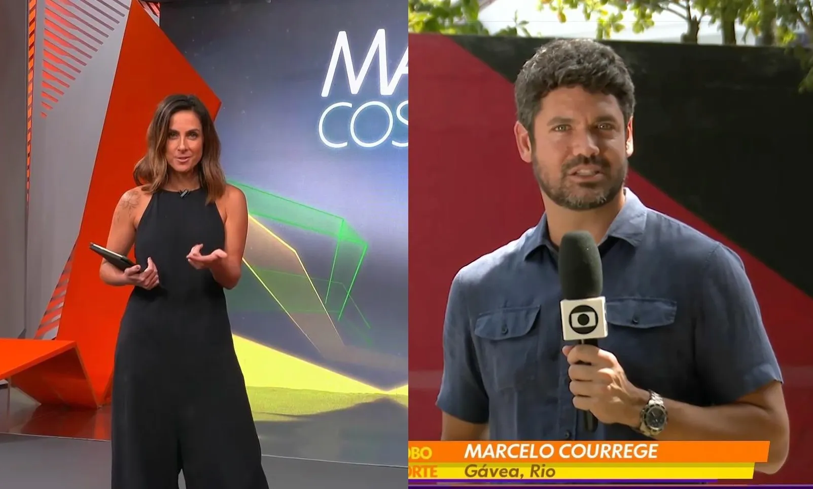 Carol Barcellos e Marcelo Courrege durante participação no programa do Globo Esporte desta quarta-feira