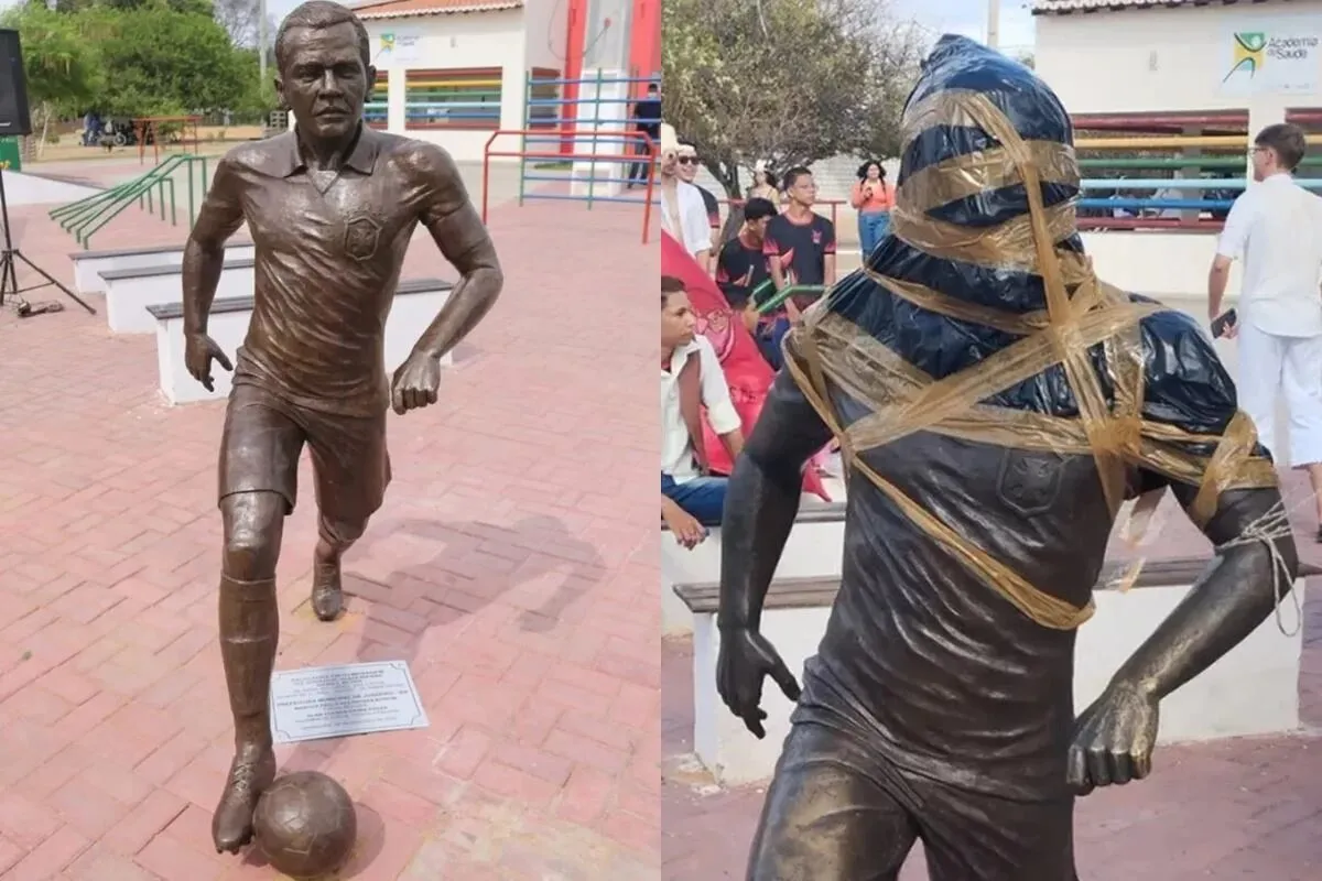 Estátua de Daniel Alves foi coberta pelos moradores de Juazeiro, na Bahia