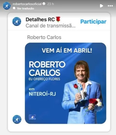 Roberto Carlos fará shows em Niterói em abril
