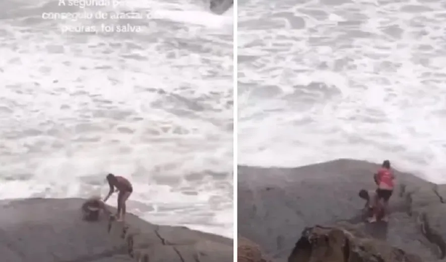 Turistas de Petrópolis caem no mar ao fazer selfies durante ressaca na praia do Diabo, no Arpoador