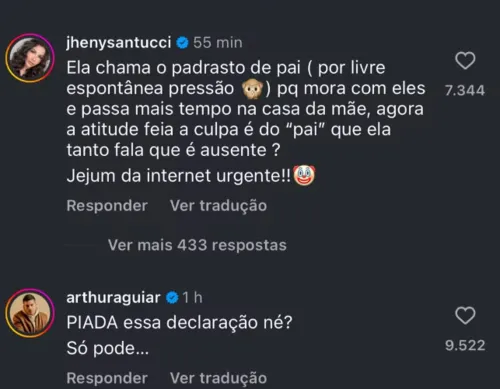 Jheny lembrou a polêmica anterior, onde Sophia, a filha de Arthur e Maíra, chamou o atual marido da mãe de pai