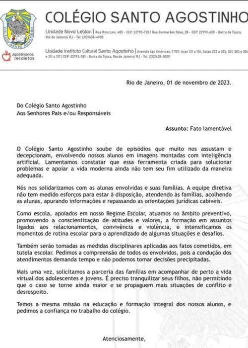 Escola emitiu uma nota sobre o caso