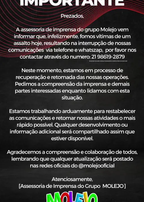 Nota emitida pela equipe do Molejo