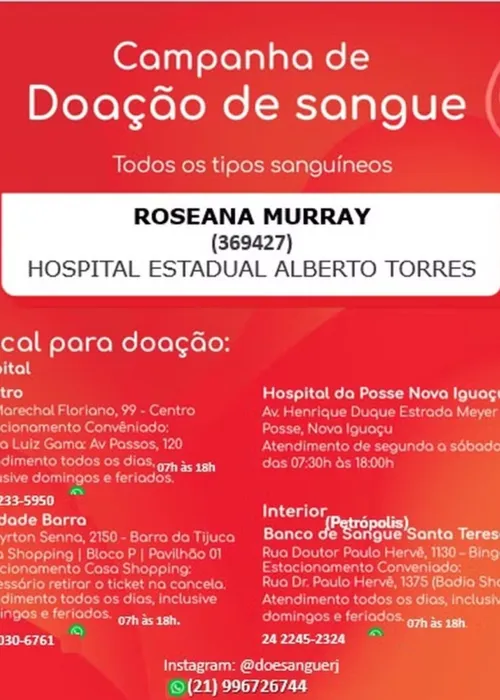 Hospital Alberto Torres pede doações de sangue para escritora