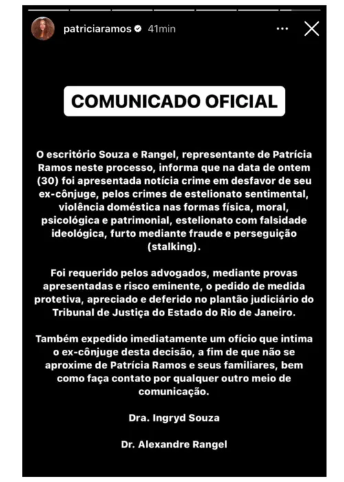 Nota emitida por Patrícia em suas redes sociais